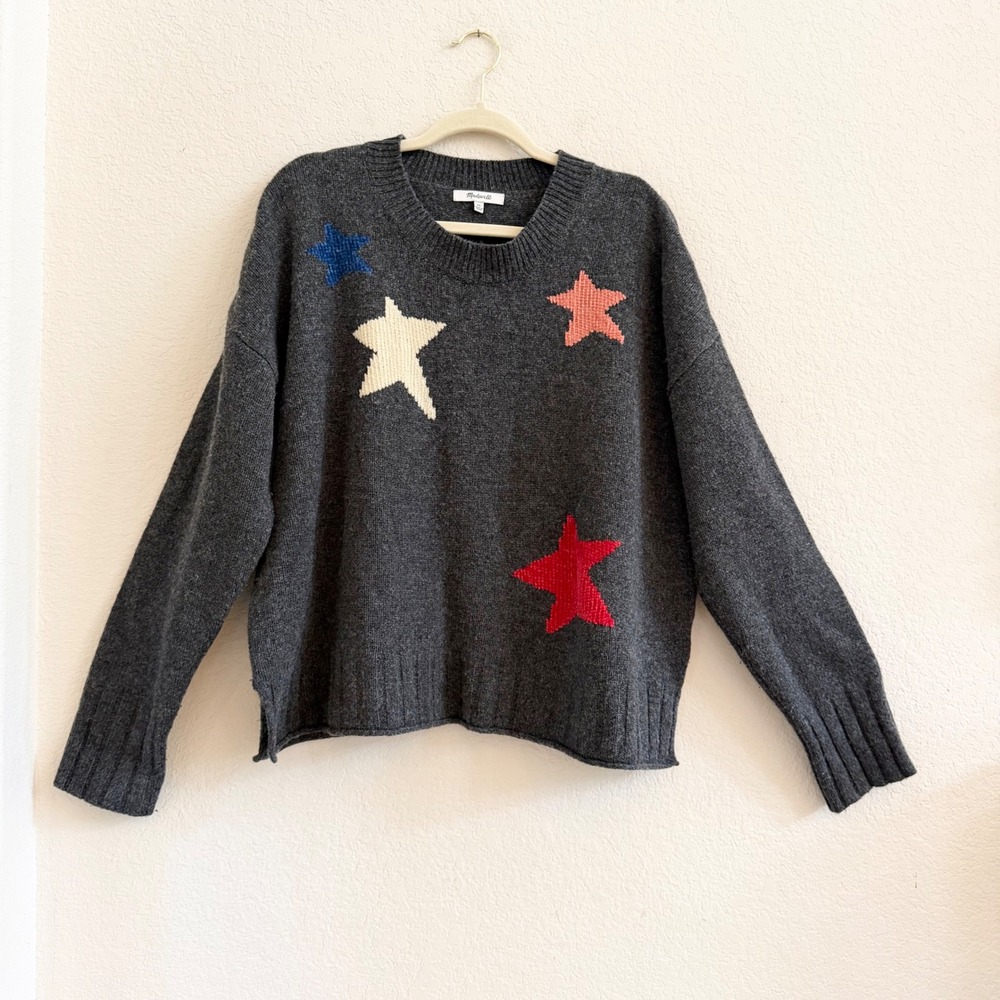 Madewell Charcoal Gray 100% Merino Wool Intarsia Star Sweater XL Celestial